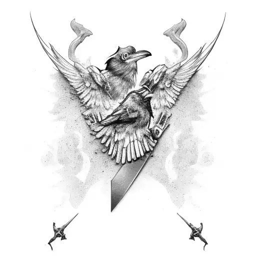 2 Ravens Sat Atop The Hilt Of A Viking Sword Stuck Vertically In The Ground