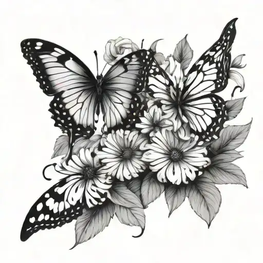 Line Art Flower With Butterflies