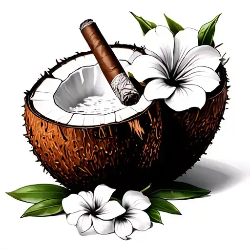 Coconut Drink With Cigar And Flowers