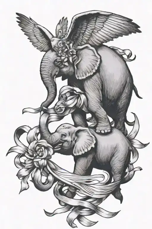 Two Doves Flying Carrying An Elephant In A Ribbon