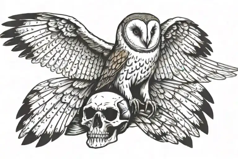 Barn Owl With Large Wings Spread On A Skull