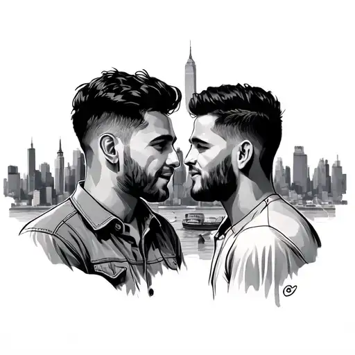 Two Men Friends Looking At New York City Skyline Silhouette