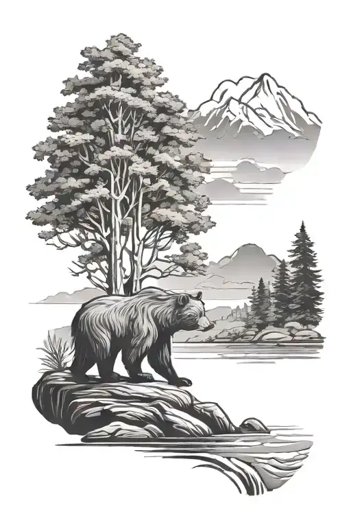 Bear And River With Tree Silhouette