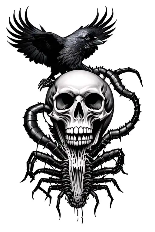 Skull Wit Centipede Coming Out Of Skull With Raven In The Background