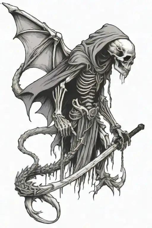 Humanoid Dragon Skeleton With A Grim Reaper Hood Holding A Scythe