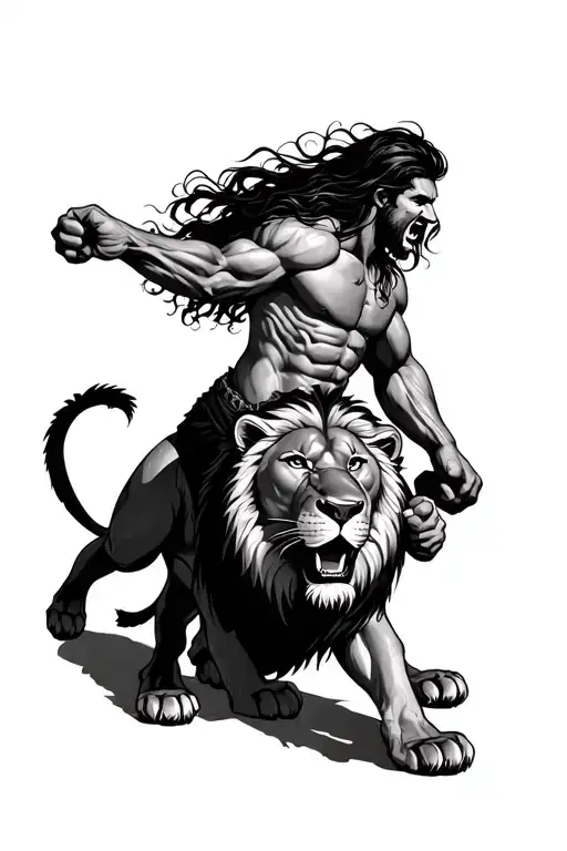 Strong Man With Long Hair Fighting A Lion With His Bare Hands