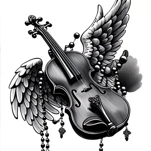 Rosary Beads Intertwined With Angel Wings And Violin