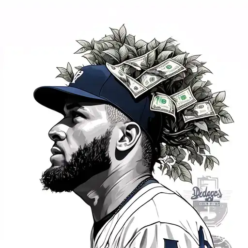 A Dodgers Baseball Player With A Money Tree Growing Out Of His Head