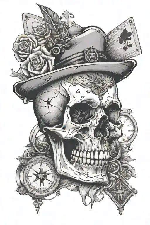 Skull With Compass And Playing Cards