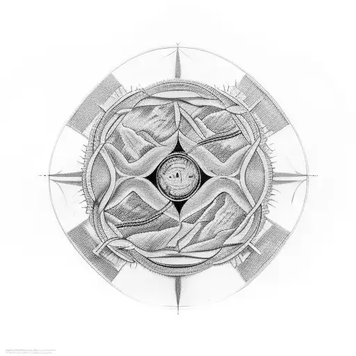 A Black-grey Tattoo Of A Land Surveying Tool With Intricate Nature Patterns Intertwined