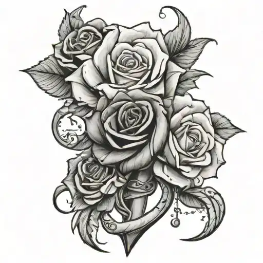 Three Roses Intertwining Vertical Tattoo Around Anchor