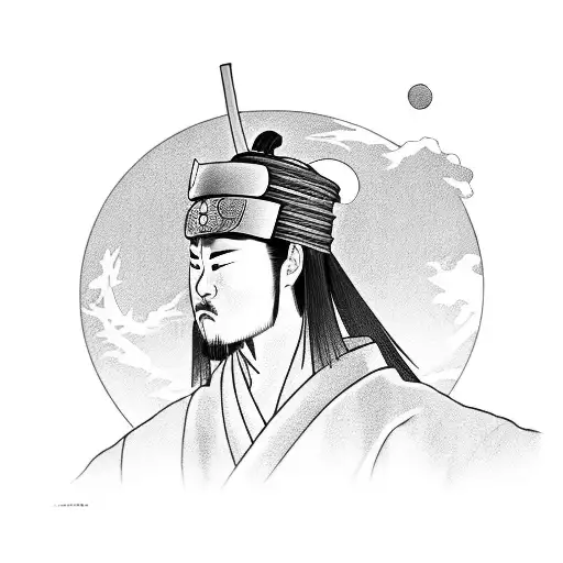 Samurai In Kimono With Moon At The Back