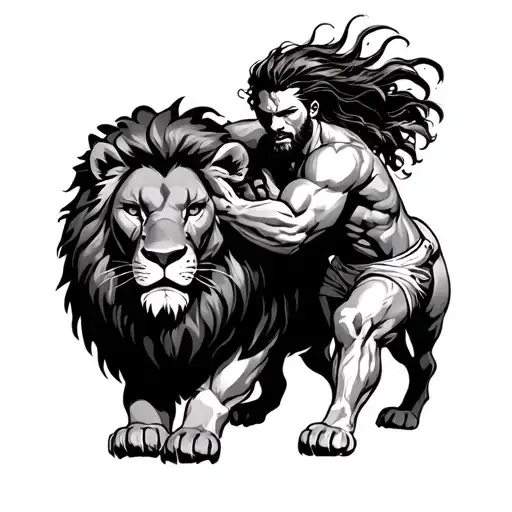 Strong Man With Long Hair Tackling And Fighting A Lion