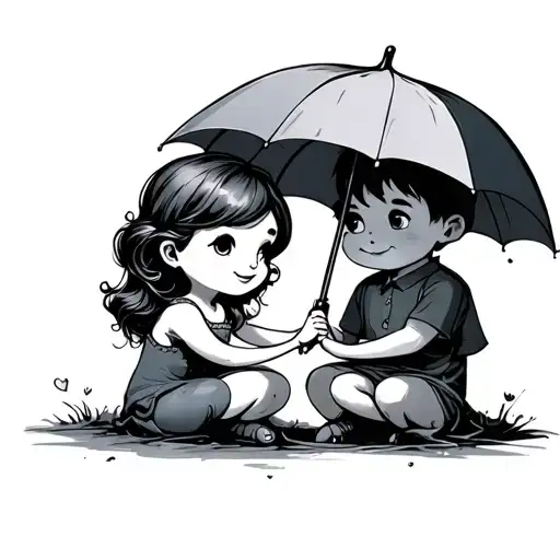 Cartoon Boy Holding Umbrella Over Girl