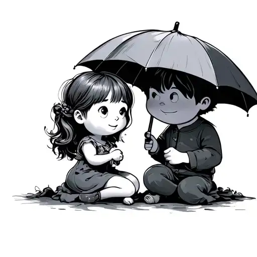 Cartoon Boy Holding Umbrella Over Girl