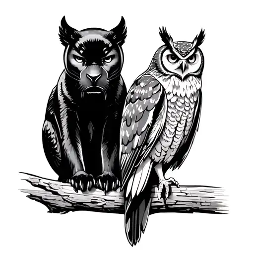 Black Panther And A Owl Perched