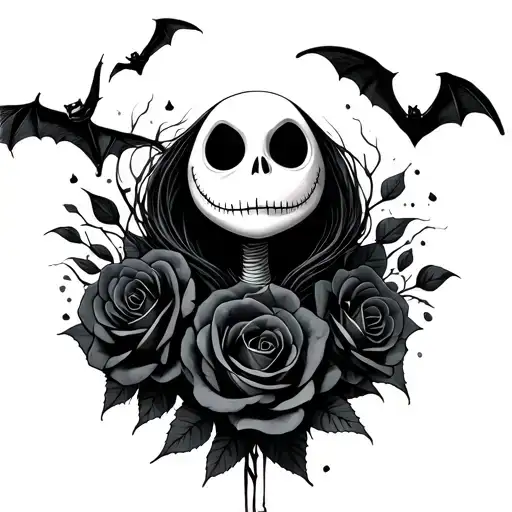 Jack Skellington With Black Roses And Bats Flying Half Sleve