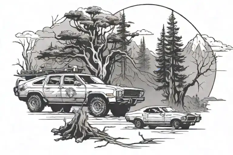 Blade Runner Style With Dead Tree And Vehicle From The Future With Mountain In Background