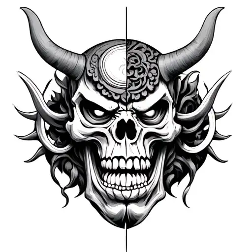 Half Human Skull Half Japanese Demonic Oni Mask