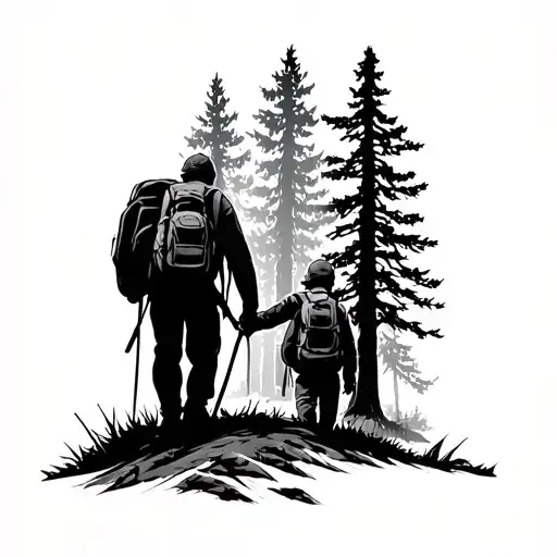 A Silhouette Of A Dad And Son Hiking In The Woods Surrounded