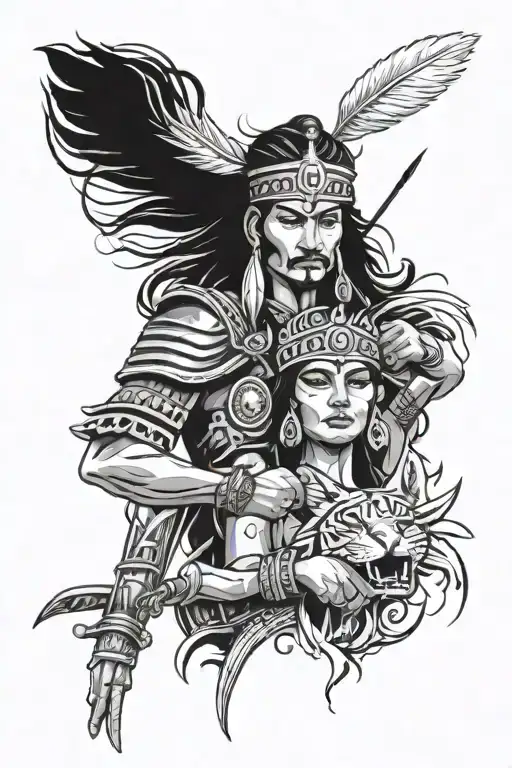 Indian Warrior Holding A Princess Surrounded