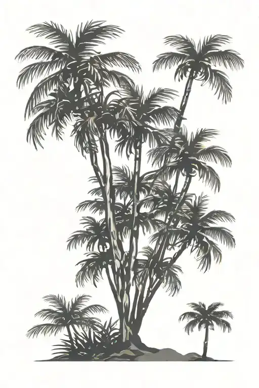 Pine Trees And Palm Tree Growing Together Silhouette