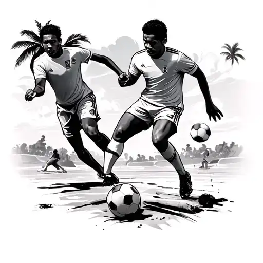 People Playing Football At A Bech With Palmes Around