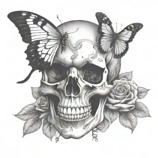 Skull With Butterfly Emerging From Eye And Roses