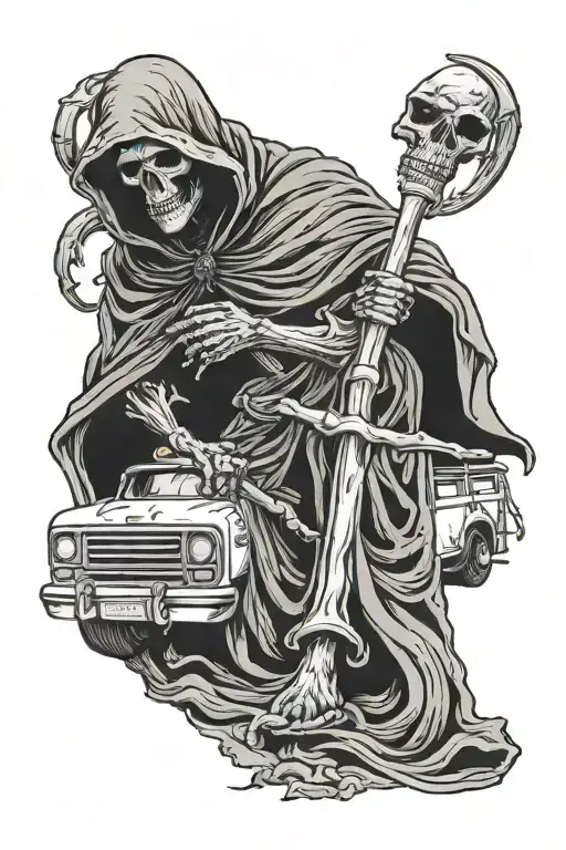 Sitting Grim Reaper Holding Ambulance Surrounded