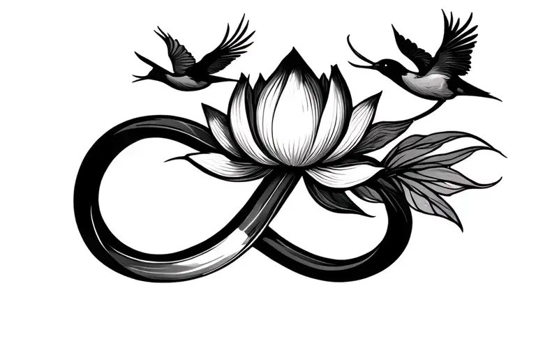 Lotus With Infinity Symbol And 2 Birds Flying Together Up The Top Of The Infinity Loop
