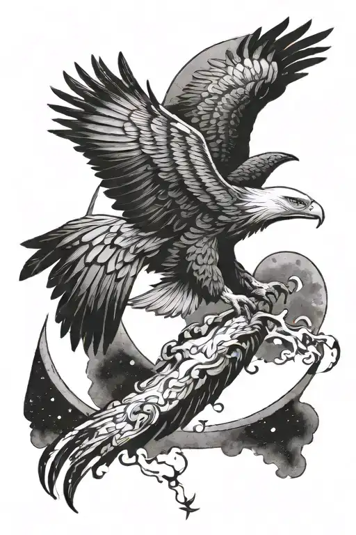 Eagle Flying At Night With Crescent Moon Merging Together