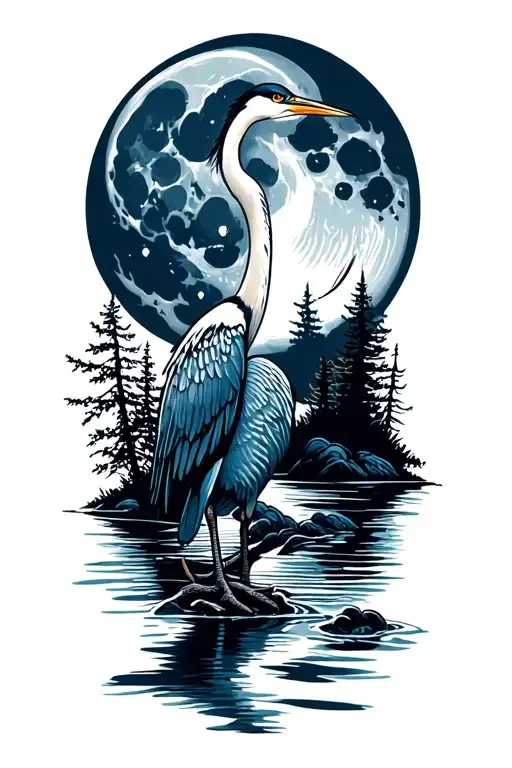Full Moon With Blue Heron And River