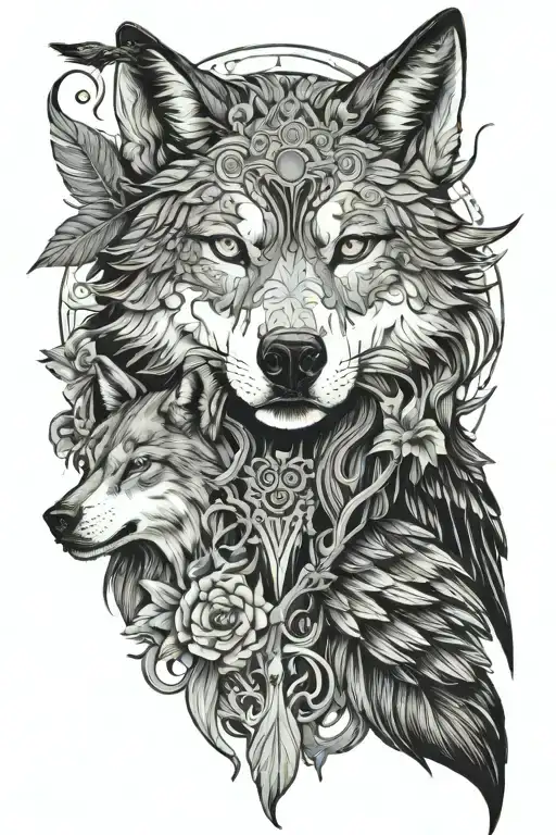 Female Face And Wolf And Crows