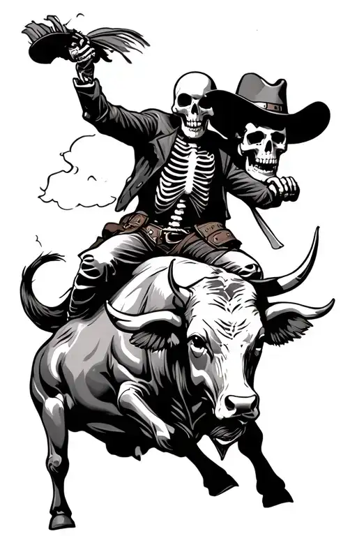 Skeleton Cowboy Riding A Bull Crushing Skulls