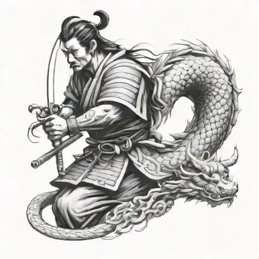 Samurai And Dragon Wrapping Around The Outside Of The
