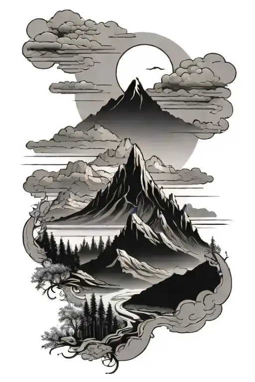 Landscape Of Mountains With A Girl Rising Sun