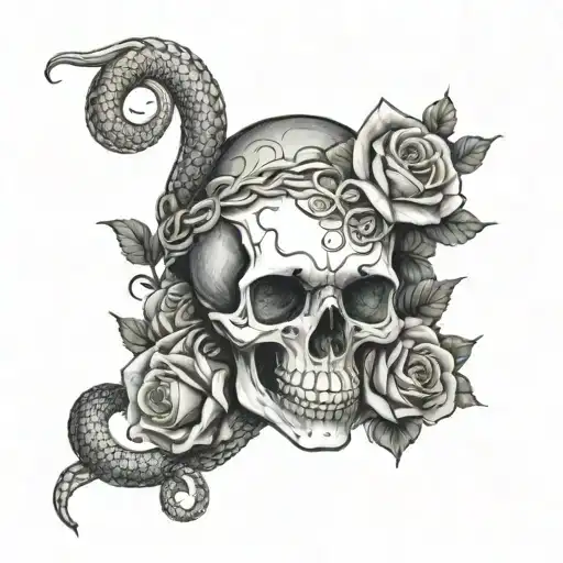 Skull With Girls Eyes And Roses With Snake Wrapped Around