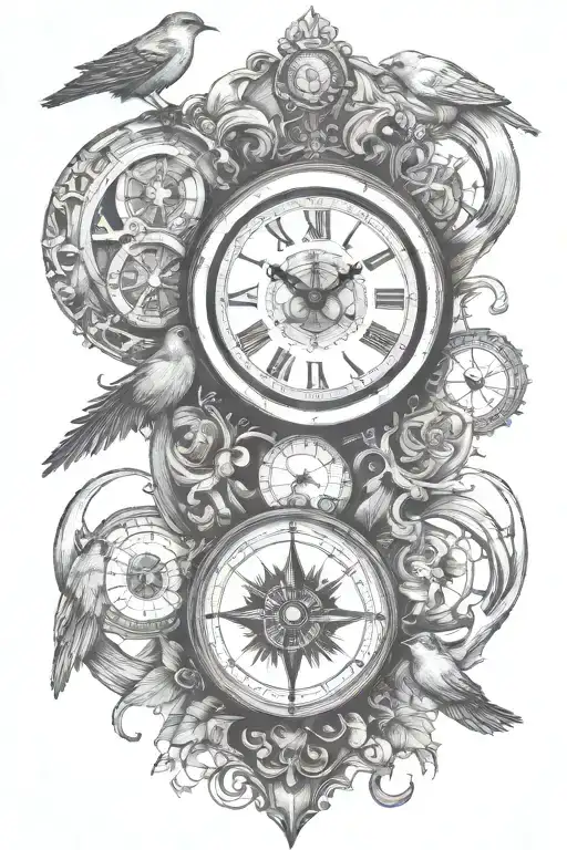 Wisdom Courage Clock Compass Rose Clean Lines Swallow Waiting For Love