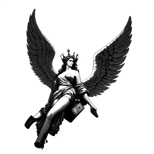 Angel With Crown Long Wings Flying Into Heaven With Money Bag And Gun