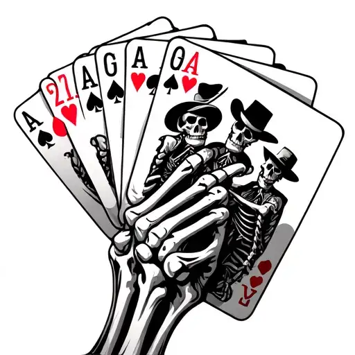 Skeleton Hand Holding A Few Playing Cards With Skeleton Cowboys On Then