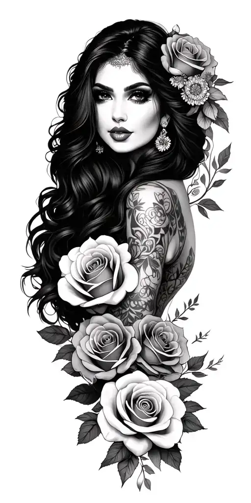 Chicano Girl And Roses Surrounding
