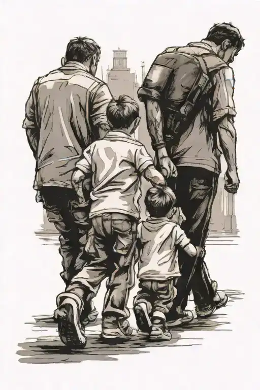 Two Todler Boys Walking Hand In Hand With Dad Walking