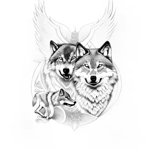 Two Wolves With A Lotus Emblem With Wings Behind Them