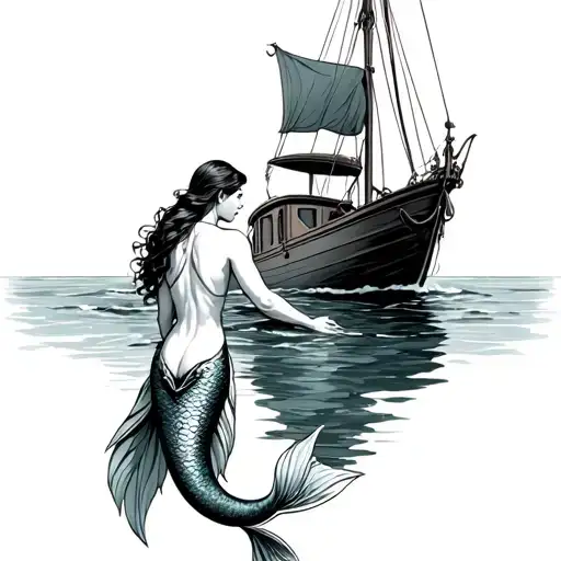 Sailor Leaning Off Boat Towards Mermaid In Water