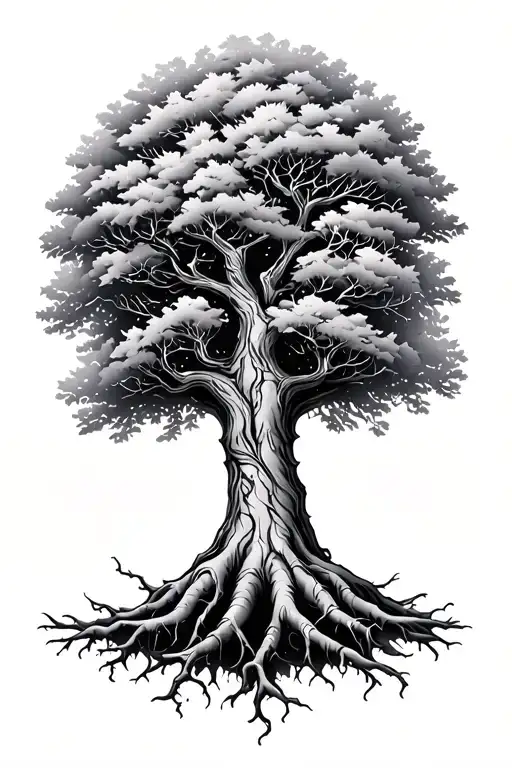 A Black And White Tree With A Large Root System