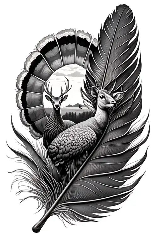 Turkey Feather With Deer Scene In The Middle