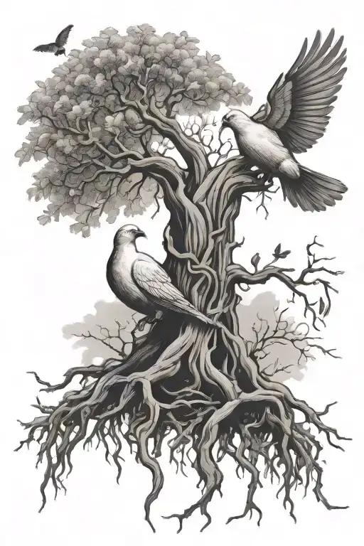 Long Poison Tree With Roots With Only Two Doves Flying
