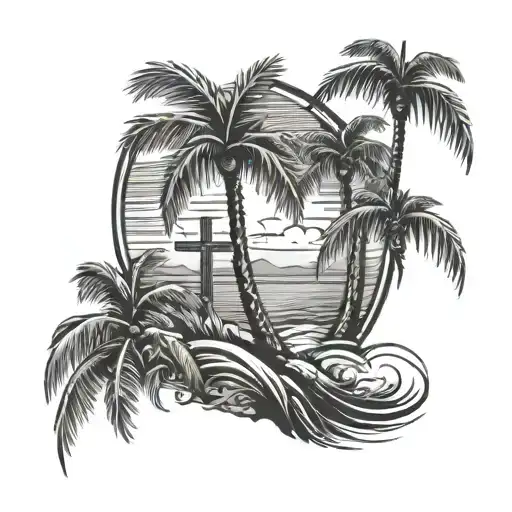 Palm Tree And Cross With Background Of Ocean