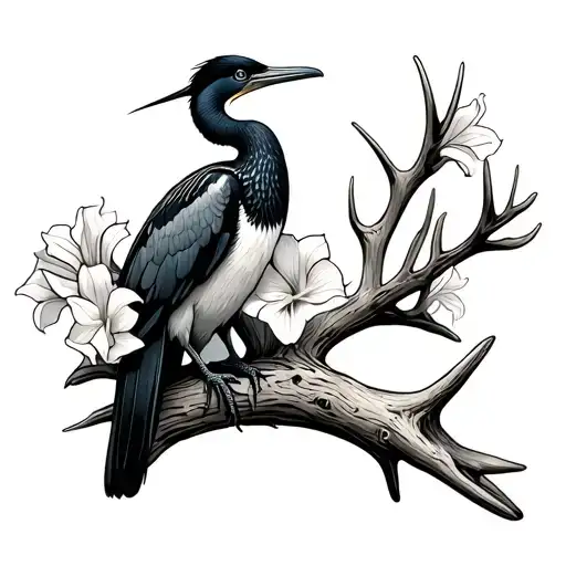 Cormorant Standing On A Deer Antler Wrapped In Gladiolus Flower