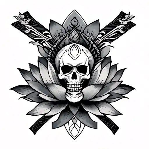 Eastern Style Tattoo With A Crossed Lotus Flower With A Samurai Skeleton